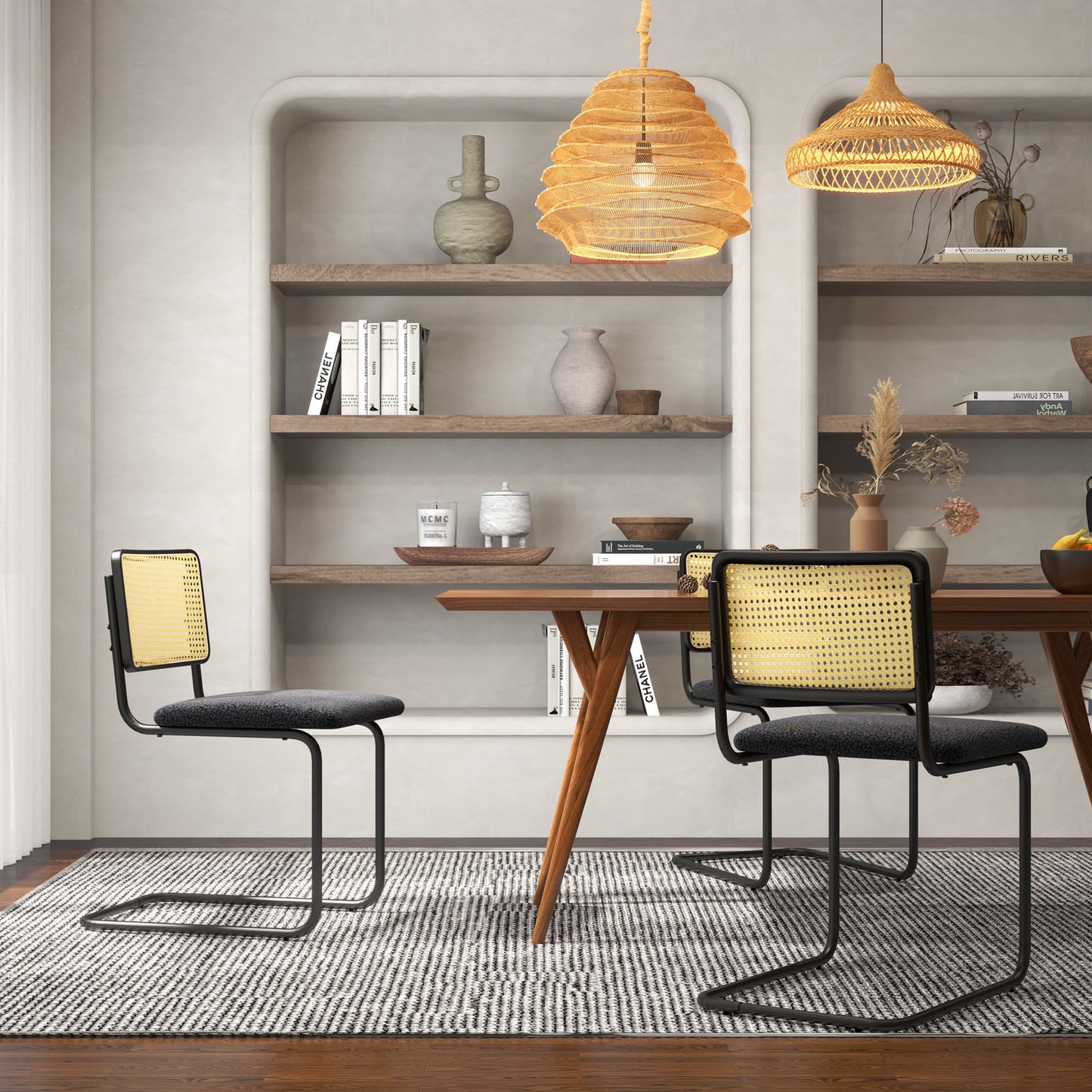Mid-Century Modern Dining Chairs Set of 2 with Cantilever Frame and Rattan Backrest