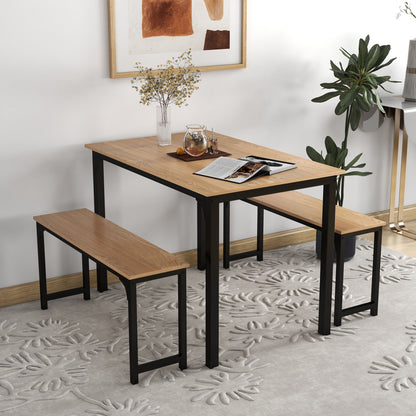 3 Piece Dining Table Set with Wood Table and Benches for Kitchen or Dining Room - Natural