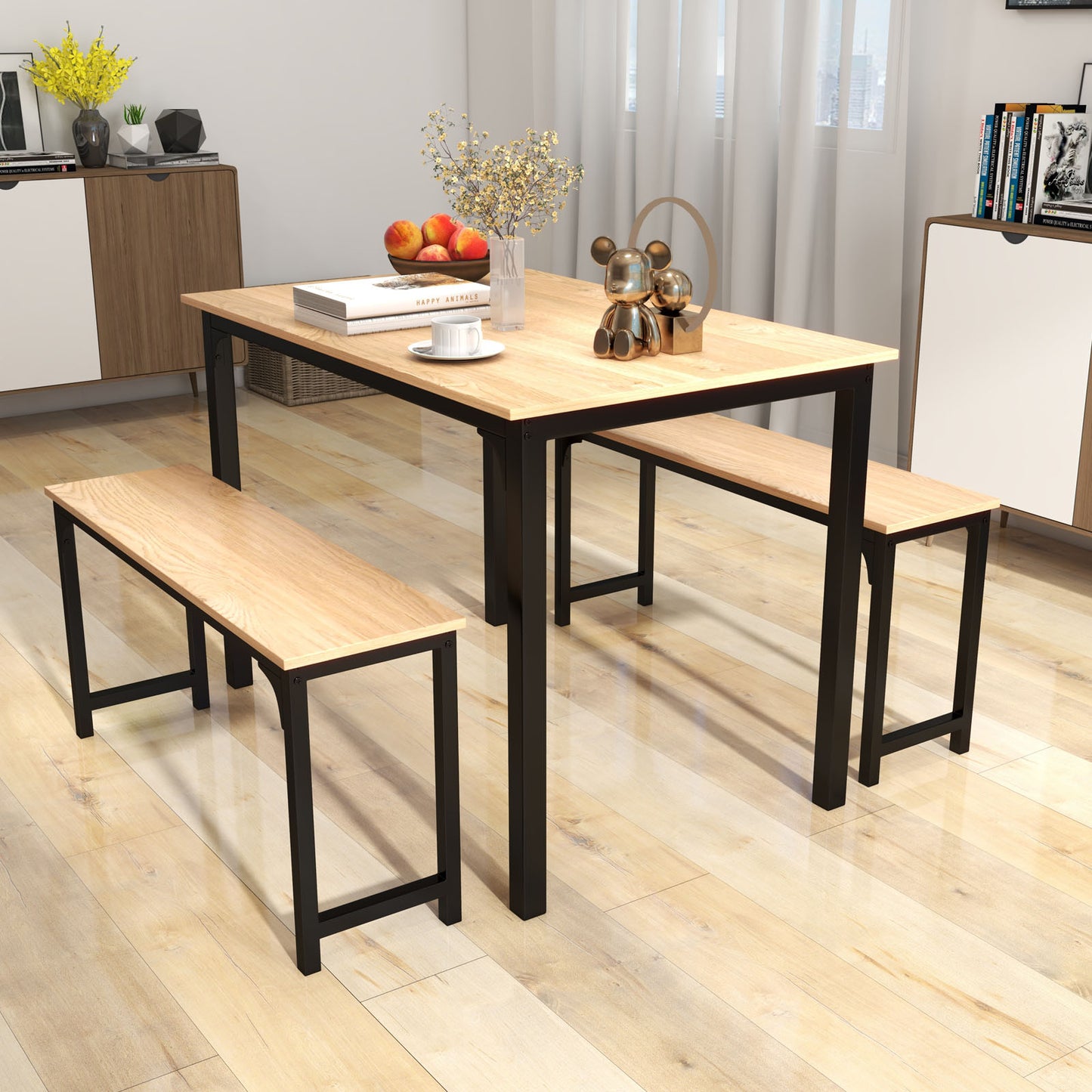 3 Piece Dining Table Set with Wood Table and Benches for Kitchen or Dining Room - Natural