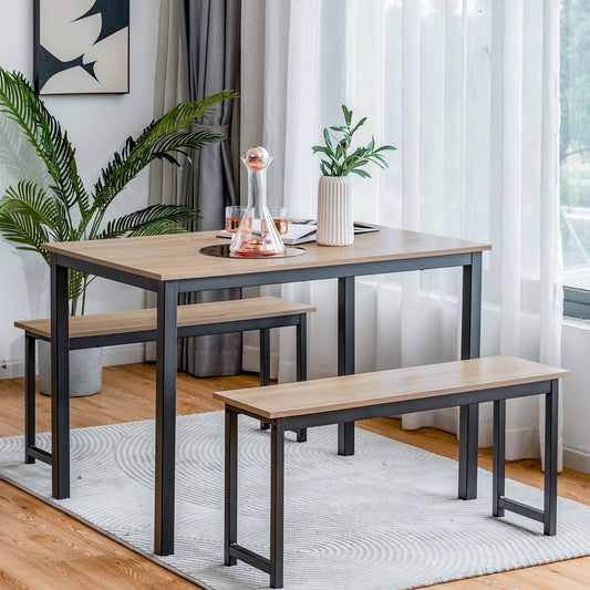 3 Piece Dining Table Set with Wood Table and Benches for Kitchen or Dining Room - Natural