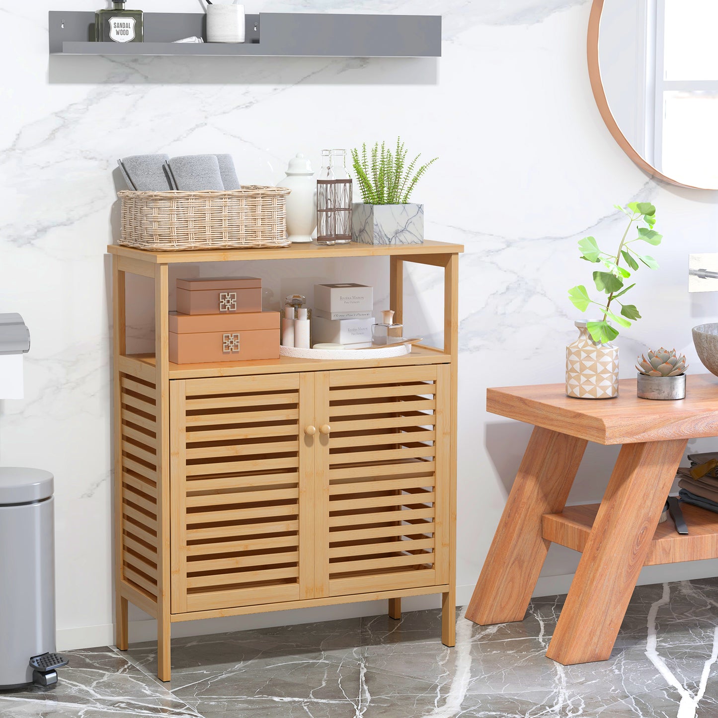 Natural Bamboo Freestanding Storage Cabinet with Slatted Doors for Bathroom