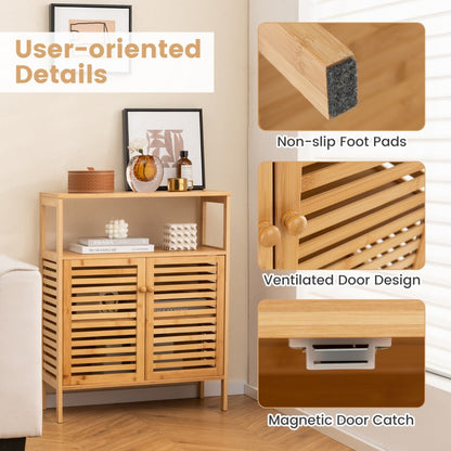 Natural Bamboo Freestanding Storage Cabinet with Slatted Doors for Bathroom
