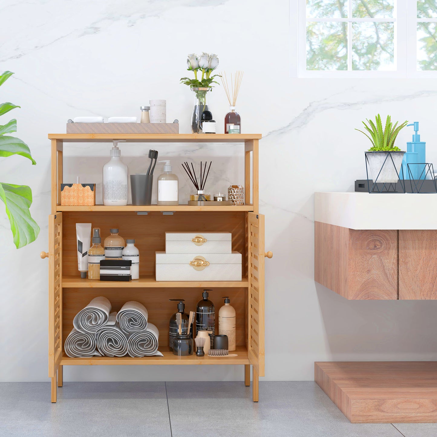 Natural Bamboo Freestanding Storage Cabinet with Slatted Doors for Bathroom