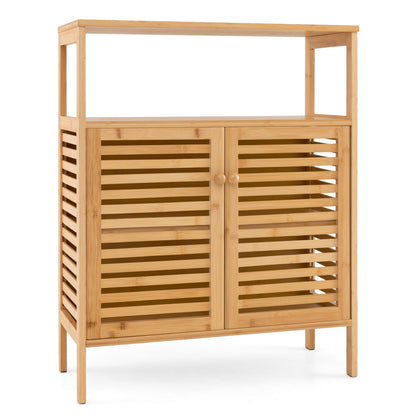 Natural Bamboo Freestanding Storage Cabinet with Slatted Doors for Bathroom