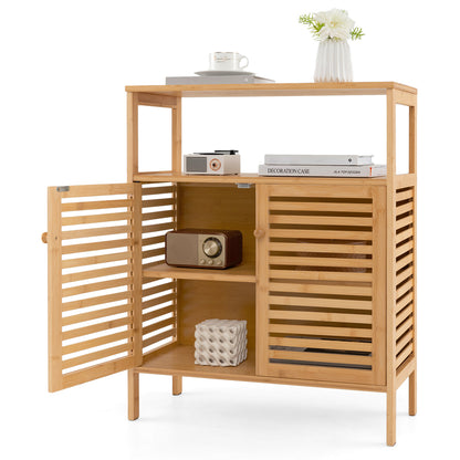 Natural Bamboo Freestanding Storage Cabinet with Slatted Doors for Bathroom