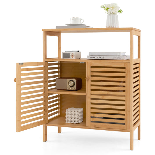 Natural Bamboo Freestanding Storage Cabinet with Slatted Doors for Bathroom