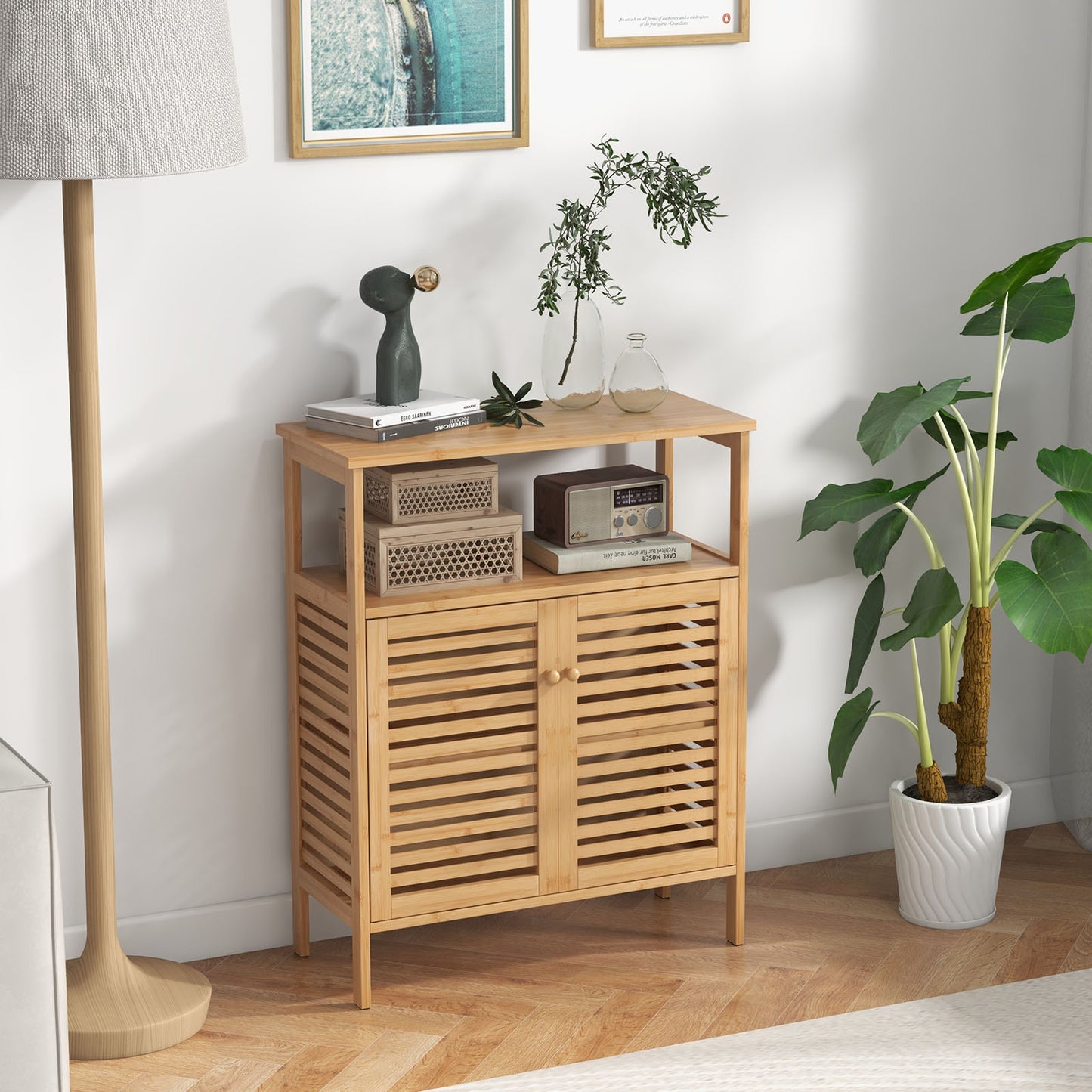 Natural Bamboo Freestanding Storage Cabinet with Slatted Doors for Bathroom