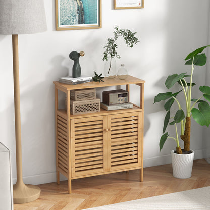 Natural Bamboo Freestanding Storage Cabinet with Slatted Doors for Bathroom