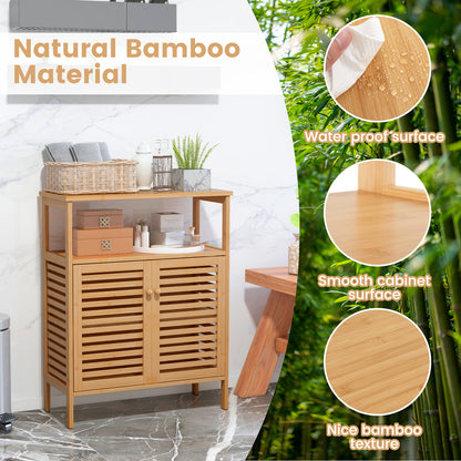 Natural Bamboo Freestanding Storage Cabinet with Slatted Doors for Bathroom