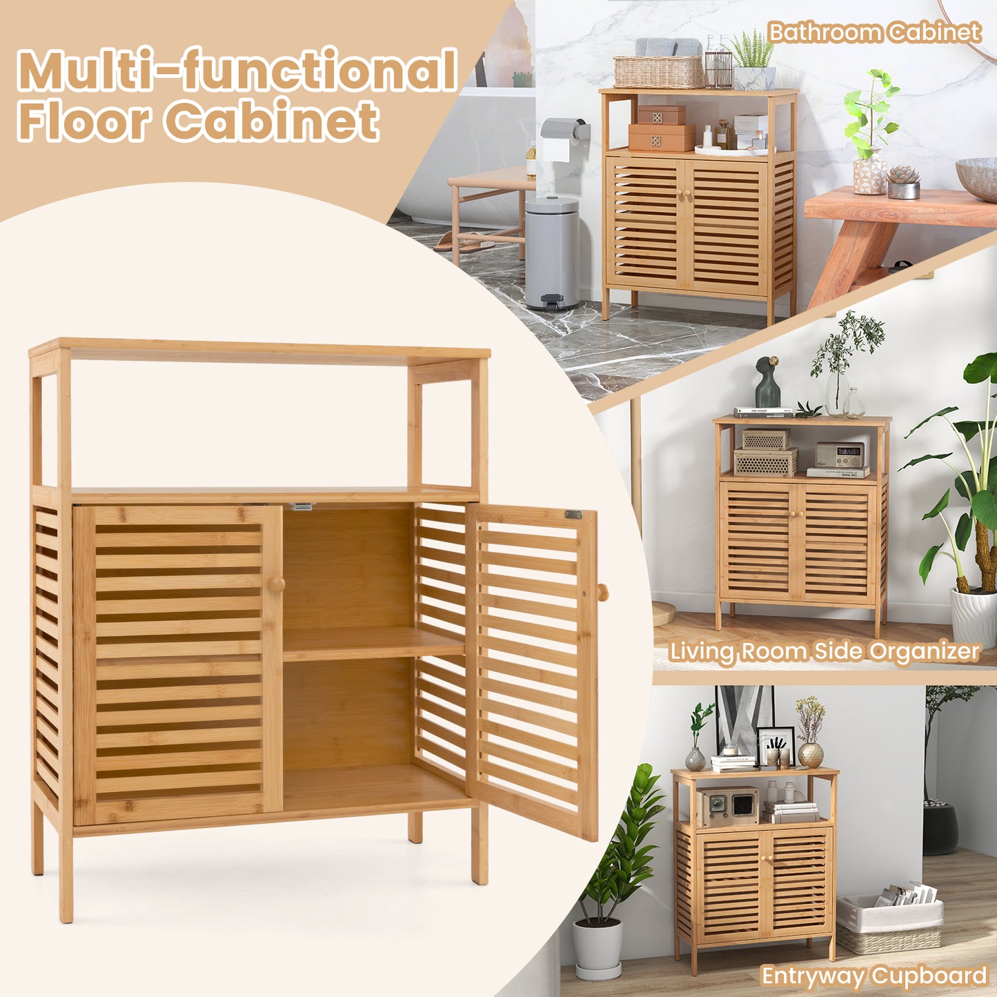 Natural Bamboo Freestanding Storage Cabinet with Slatted Doors for Bathroom