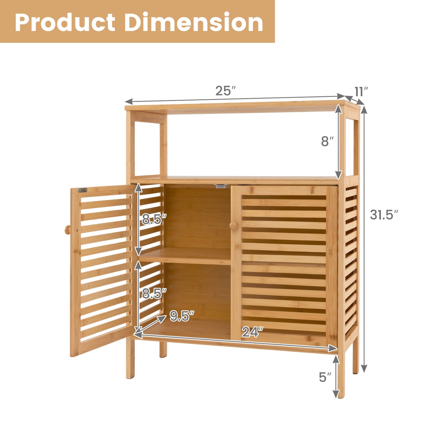 Natural Bamboo Freestanding Storage Cabinet with Slatted Doors for Bathroom