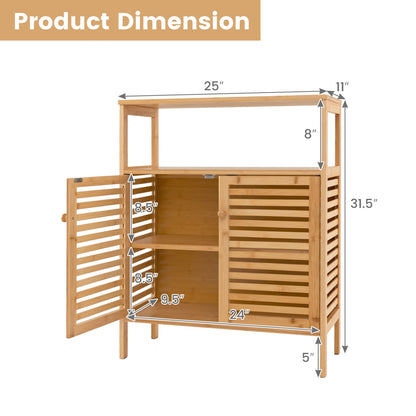 Natural Bamboo Freestanding Storage Cabinet with Slatted Doors for Bathroom