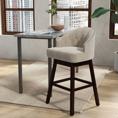 Set of 2 Swivel Bar Stools with Tufted Backrest and Rubber Wood Legs for Kitchen or Pub - Beige
