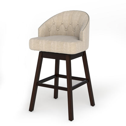 Set of 2 Swivel Bar Stools with Tufted Backrest and Rubber Wood Legs for Kitchen or Pub - Beige