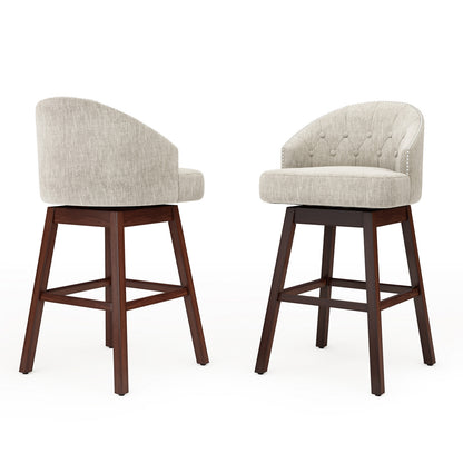 Set of 2 Swivel Bar Stools with Tufted Backrest and Rubber Wood Legs for Kitchen or Pub - Beige