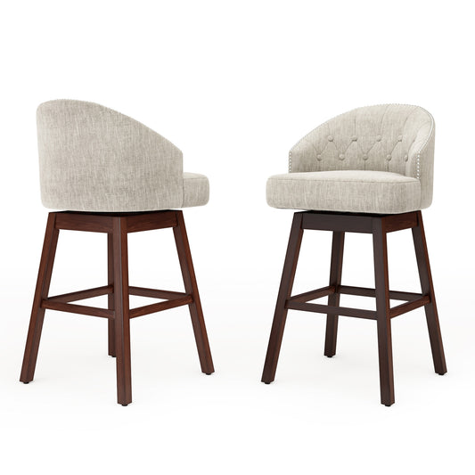 Set of 2 Swivel Bar Stools with Tufted Backrest and Rubber Wood Legs for Kitchen or Pub - Beige