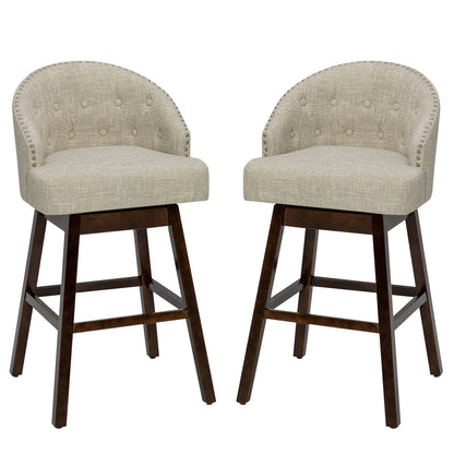 Set of 2 Swivel Bar Stools with Tufted Backrest and Rubber Wood Legs for Kitchen or Pub - Beige