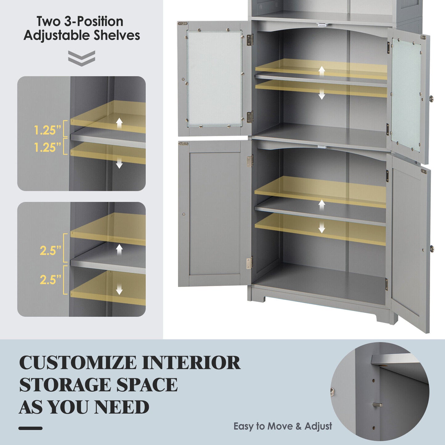 64” Tall Freestanding Storage Cabinet with 6 Tier Shelving & Adjustable Compartments