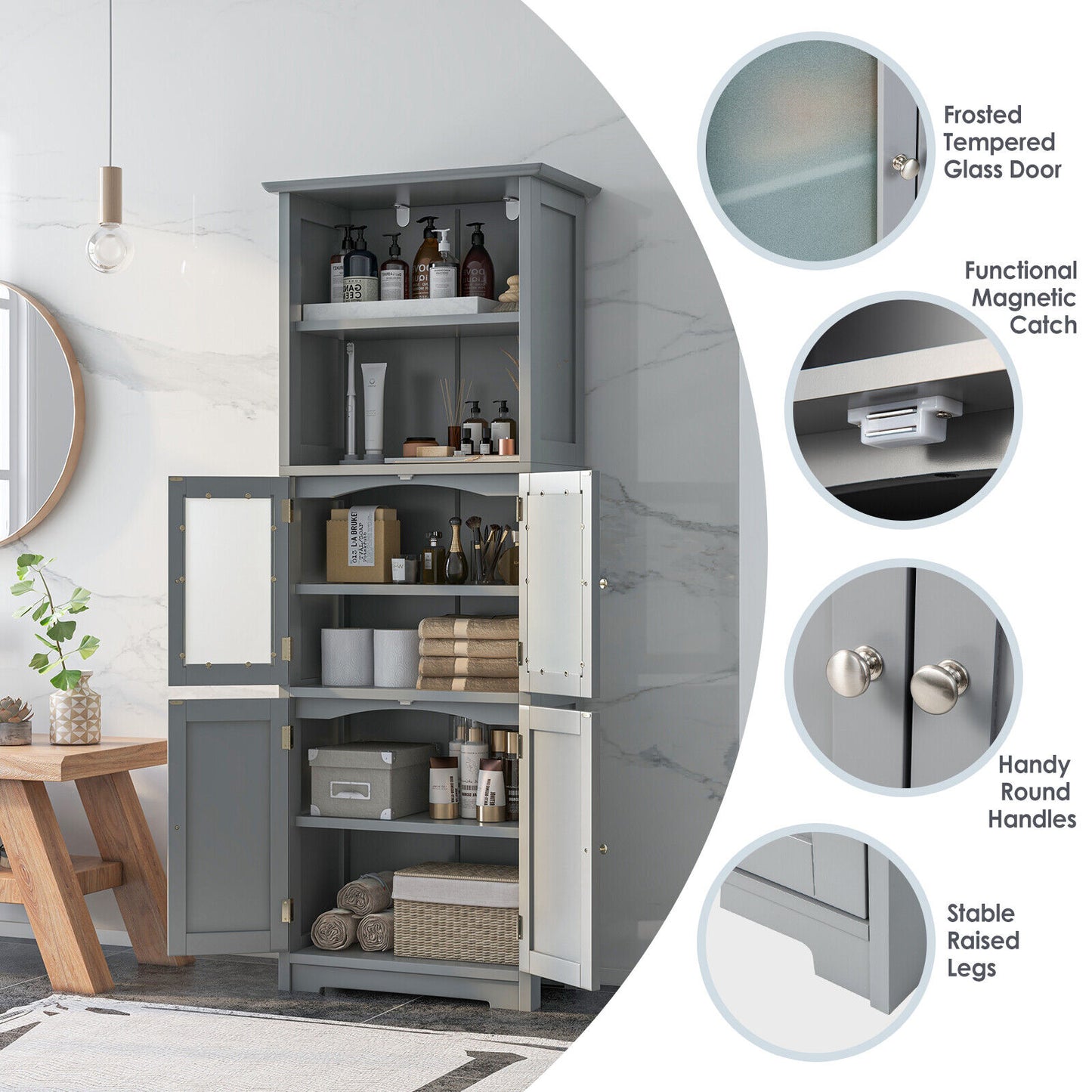 64” Tall Freestanding Storage Cabinet with 6 Tier Shelving & Adjustable Compartments