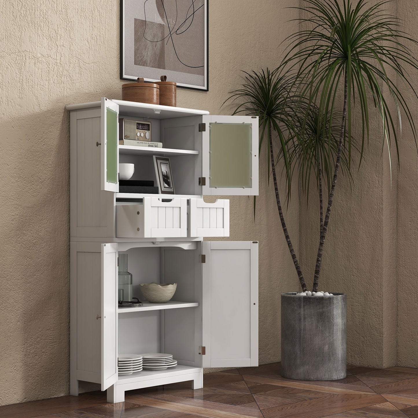 64” Tall Freestanding Storage Cabinet with 6 Tier Shelving & Adjustable Compartments