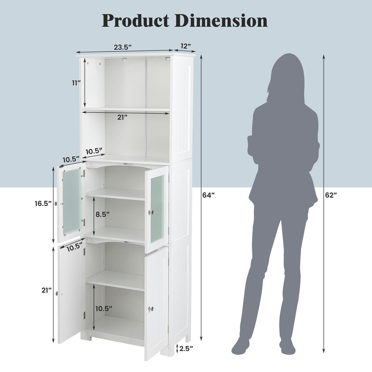 64” Tall Freestanding Storage Cabinet with 6 Tier Shelving & Adjustable Compartments