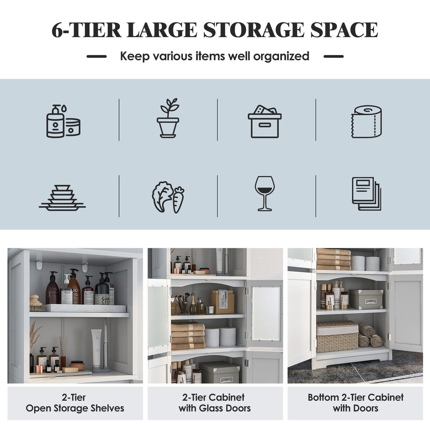64” Tall Freestanding Storage Cabinet with 6 Tier Shelving & Adjustable Compartments