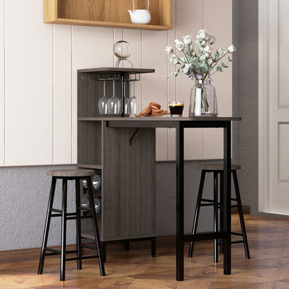 3 Piece Bar Table Set with 2 Chairs and 6 Bottle Wine Storage Rack