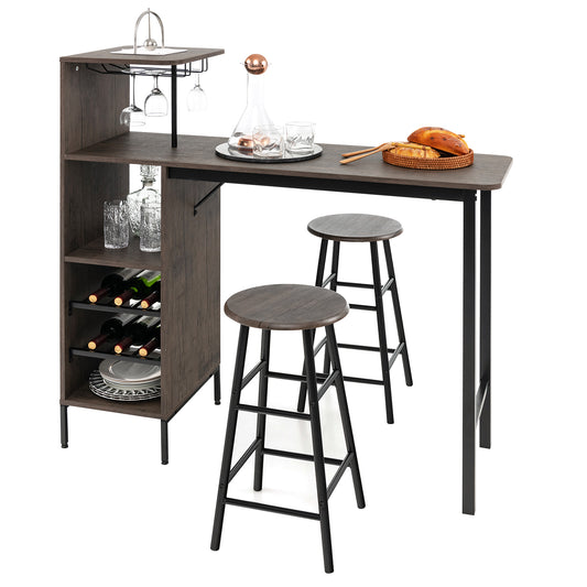 3 Piece Bar Table Set with 2 Chairs and 6 Bottle Wine Storage Rack