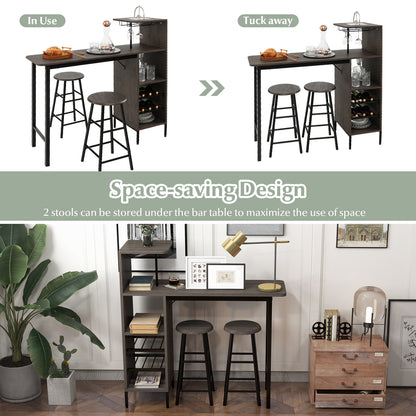 3 Piece Bar Table Set with 2 Chairs and 6 Bottle Wine Storage Rack