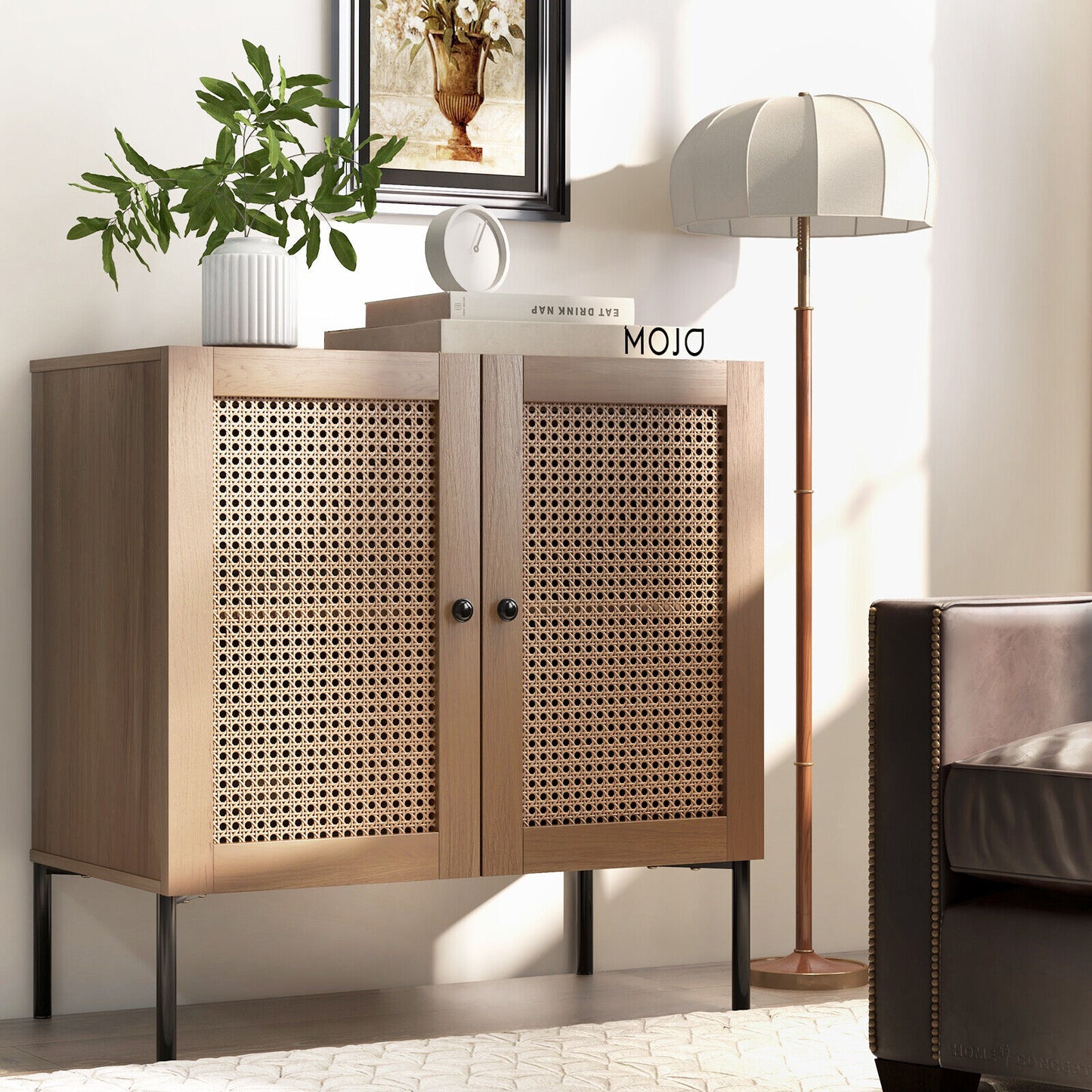 Rattan Sideboard Cabinet with Adjustable Shelf and Double Doors for Kitchen - Oak