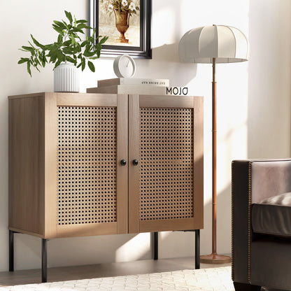 Rattan Sideboard Cabinet with Adjustable Shelf and Double Doors for Kitchen - Oak