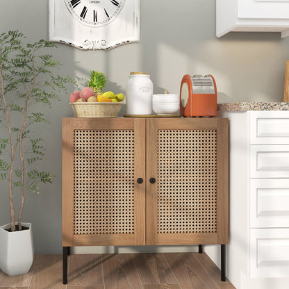 Rattan Sideboard Cabinet with Adjustable Shelf and Double Doors for Kitchen - Oak