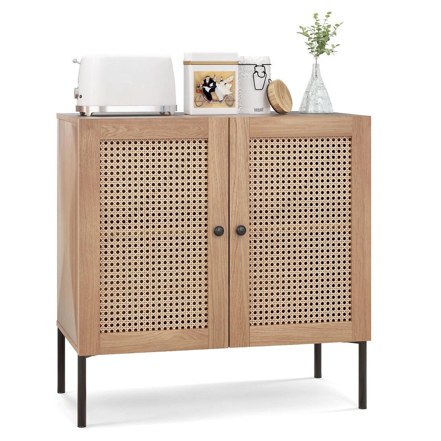 Rattan Sideboard Cabinet with Adjustable Shelf and Double Doors for Kitchen - Oak