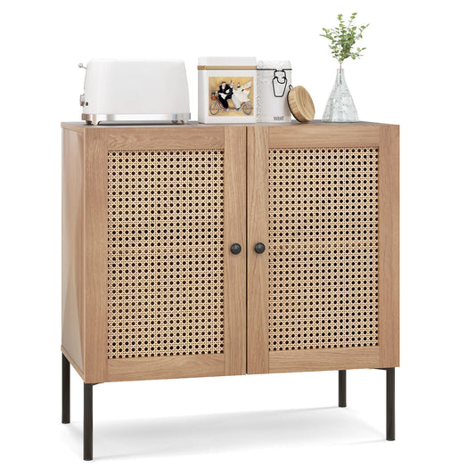 Rattan Sideboard Cabinet with Adjustable Shelf and Double Doors for Kitchen - Oak
