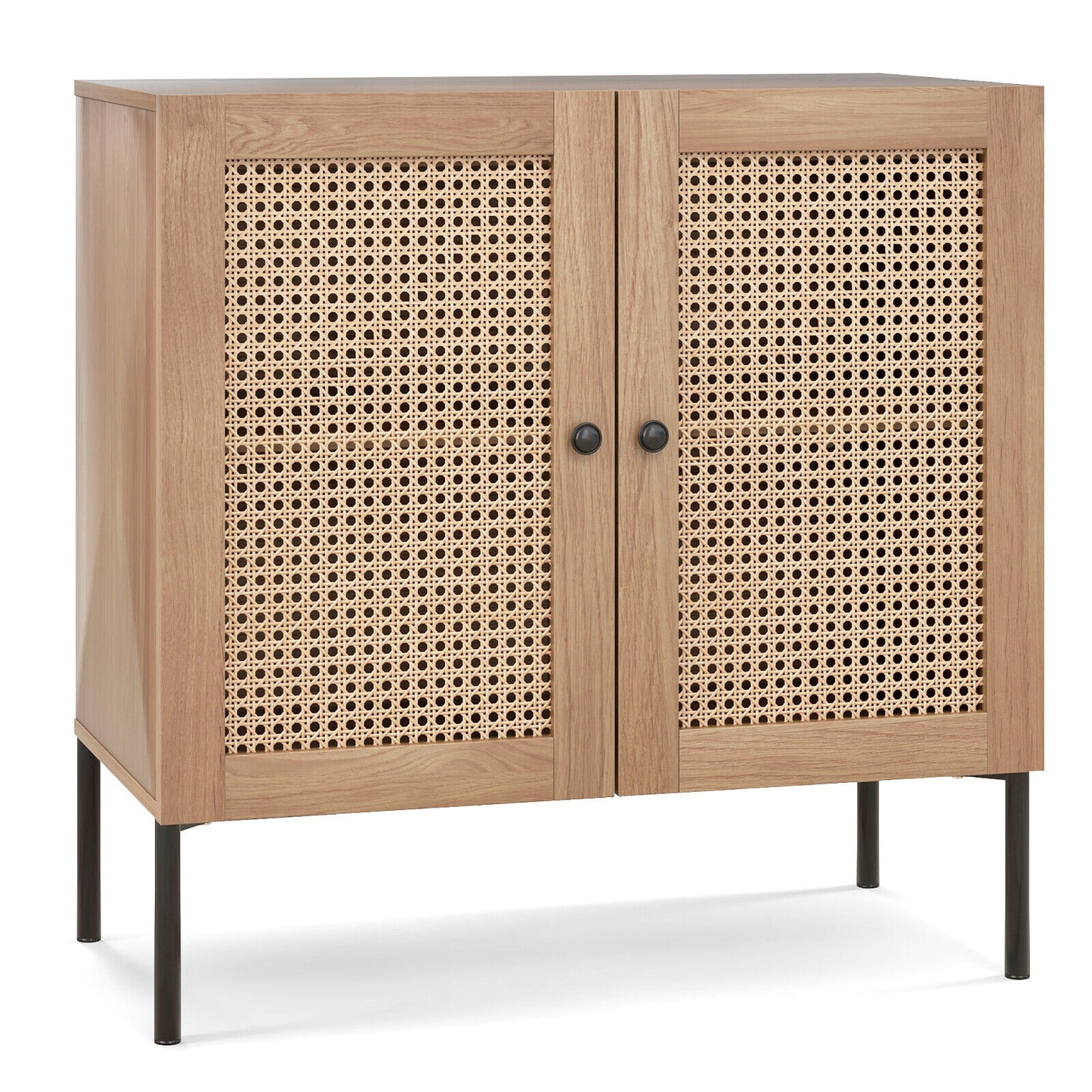 Rattan Sideboard Cabinet with Adjustable Shelf and Double Doors for Kitchen - Oak