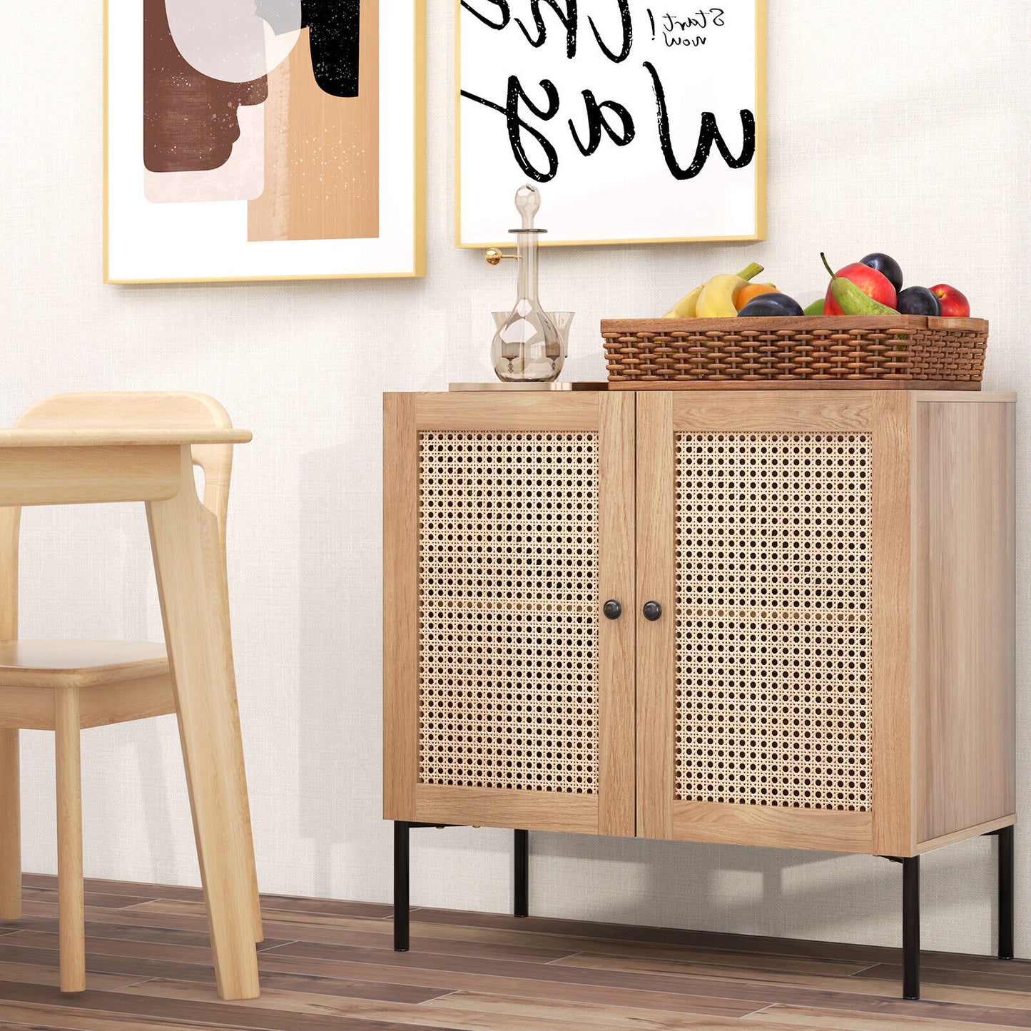 Rattan Sideboard Cabinet with Adjustable Shelf and Double Doors for Kitchen - Oak