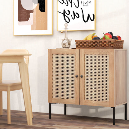 Rattan Sideboard Cabinet with Adjustable Shelf and Double Doors for Kitchen - Oak