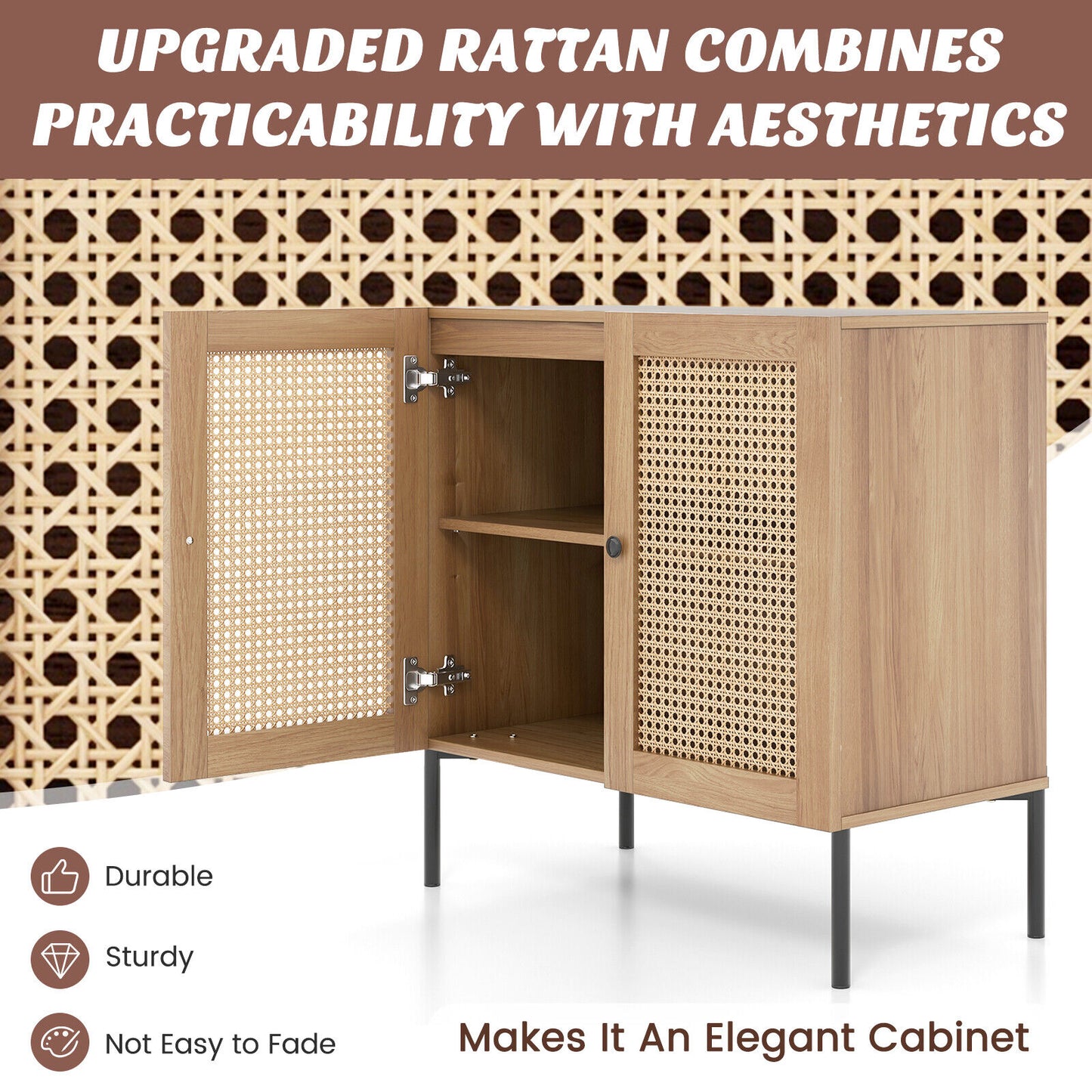 Rattan Sideboard Cabinet with Adjustable Shelf and Double Doors for Kitchen - Oak