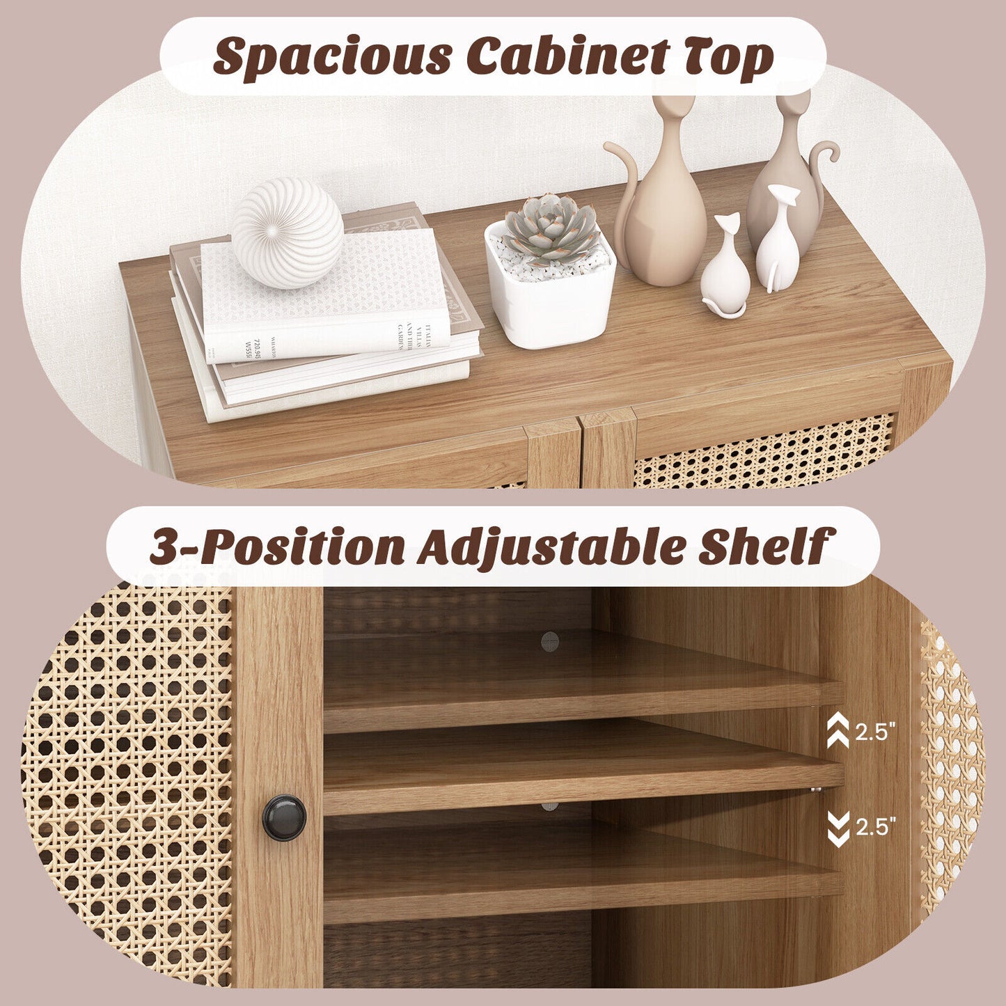 Rattan Sideboard Cabinet with Adjustable Shelf and Double Doors for Kitchen - Oak