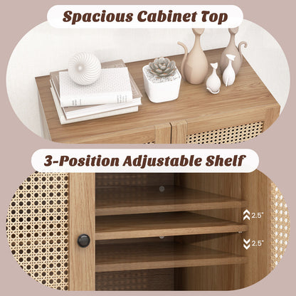 Rattan Sideboard Cabinet with Adjustable Shelf and Double Doors for Kitchen - Oak