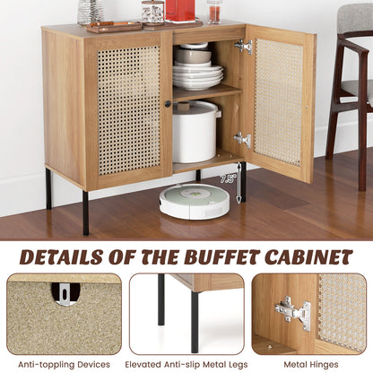 Rattan Sideboard Cabinet with Adjustable Shelf and Double Doors for Kitchen - Oak