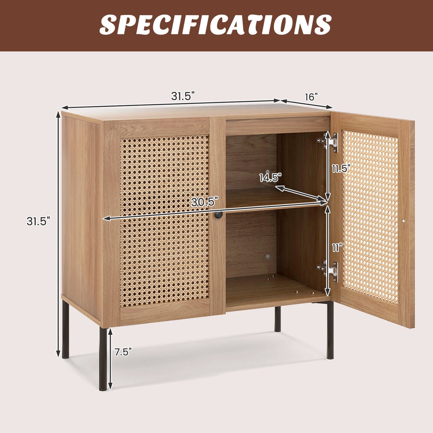 Rattan Sideboard Cabinet with Adjustable Shelf and Double Doors for Kitchen - Oak