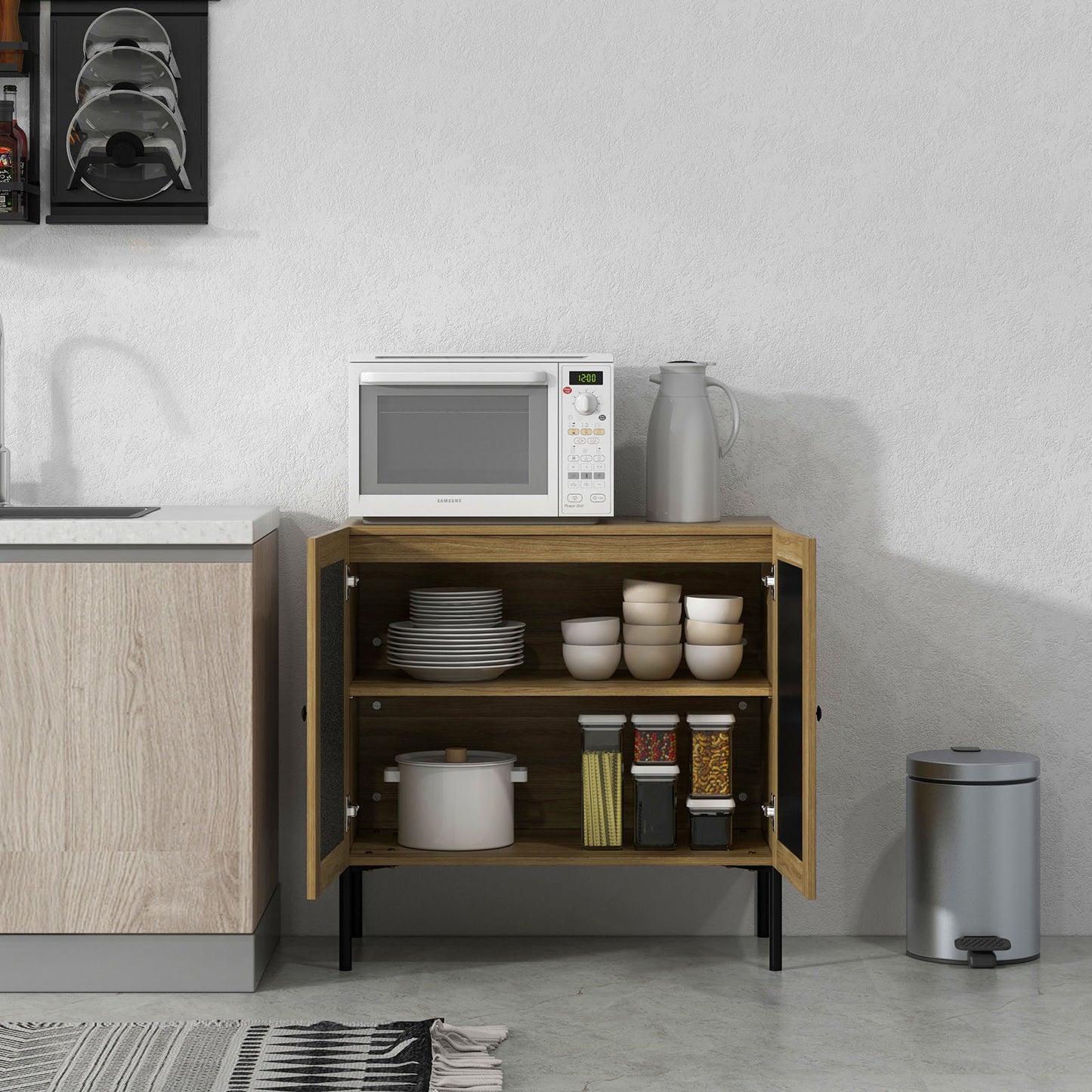 Rattan Sideboard Cabinet with Adjustable Shelf and Double Doors for Kitchen - Oak