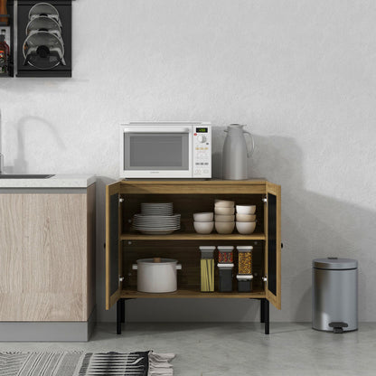 Rattan Sideboard Cabinet with Adjustable Shelf and Double Doors for Kitchen - Oak