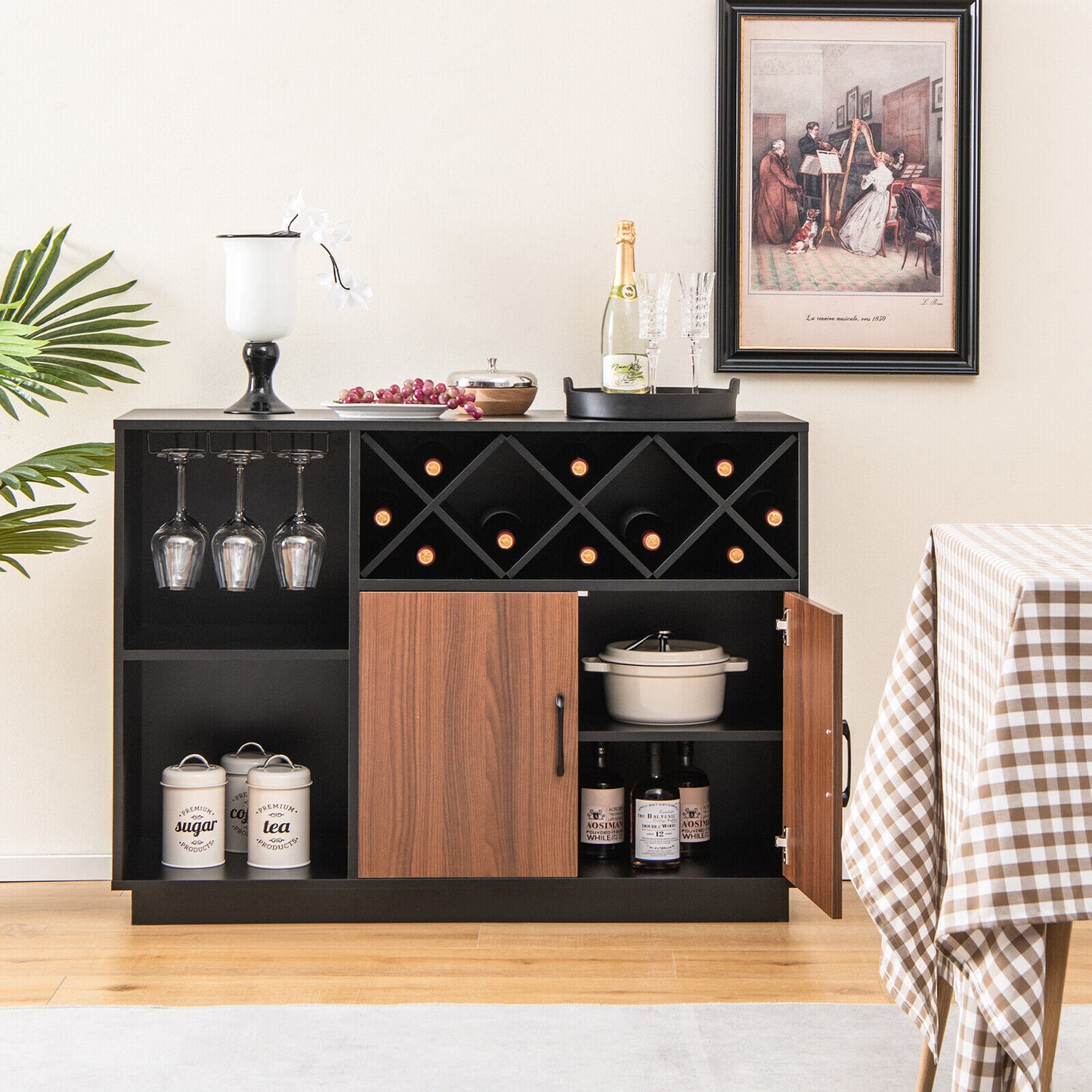 Industrial Style Sideboard Cabinet with Removable Wine Rack and Glass Holder Storage