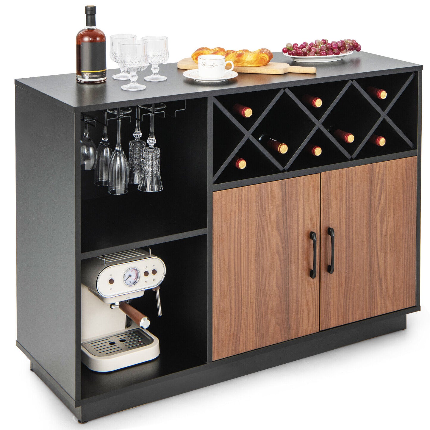 Industrial Style Sideboard Cabinet with Removable Wine Rack and Glass Holder Storage