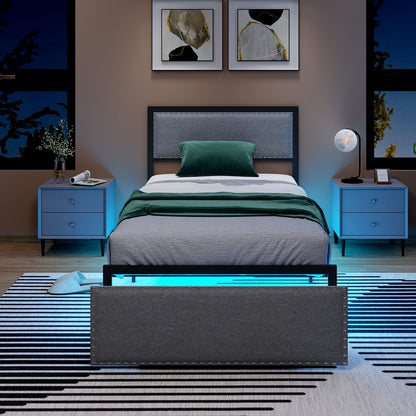 LED Light Bed Frame with Storage Drawer and Metal Slats - Twin Size