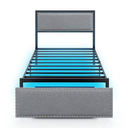 LED Light Bed Frame with Storage Drawer and Metal Slats - Twin Size