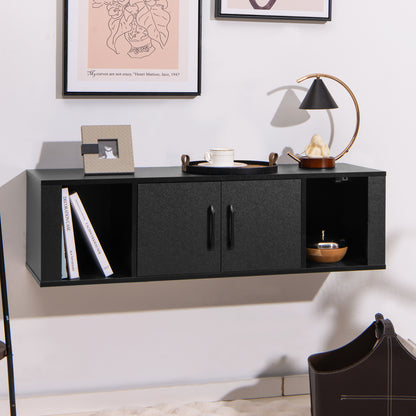 Modern Wall Mounted Storage Hutch with Dual Doors and Open Compartments - Black