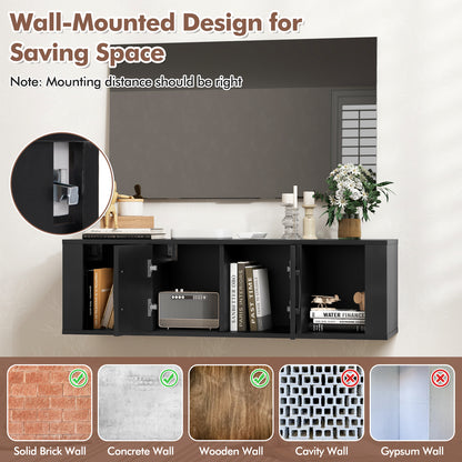 Modern Wall Mounted Storage Hutch with Dual Doors and Open Compartments - Black